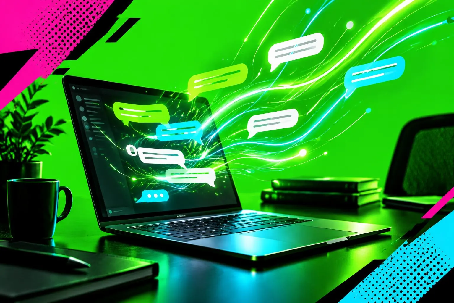 Ilustração conceitual de um notebook com balões de conversa de IA fluindo da tela, sobre fundo verde